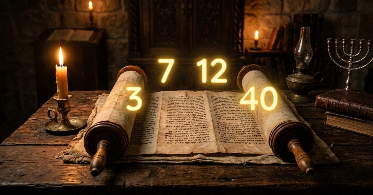 Scroll hebraico antigo com os números bíblicos 3 7 12 e 40 brilhando em dourado sobre uma mesa com velas acesas