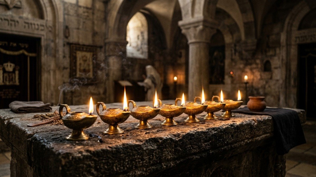 Sete lâmpadas de azeite douradas acesas em fila sobre altar de pedra em ambiente de templo bíblico com luz suave e sagrada
