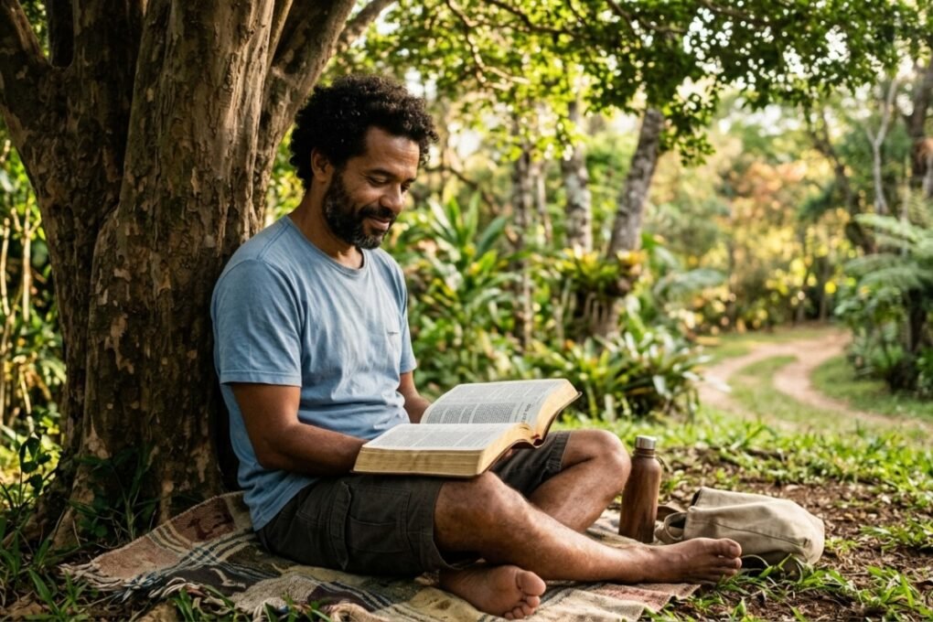 Homem brasileiro lendo a Bíblia sentado ao ar livre sob uma árvore com luz solar suave