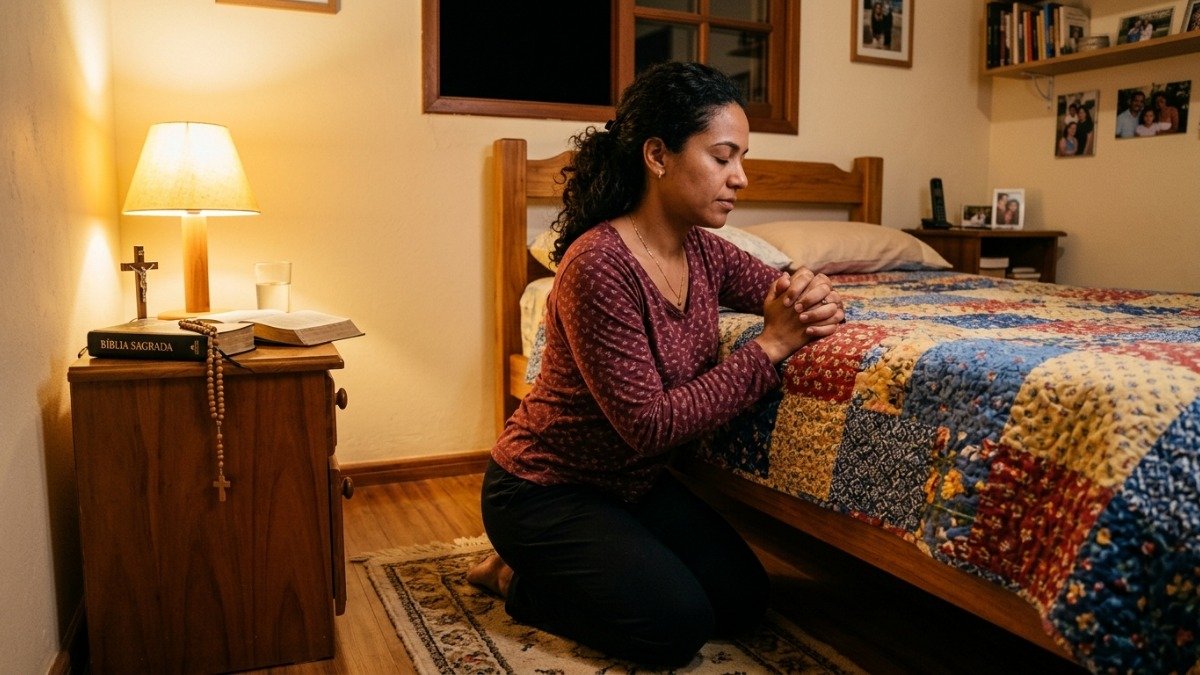 Mulher brasileira ajoelhada em oração ao lado da cama com expressão de paz e fé