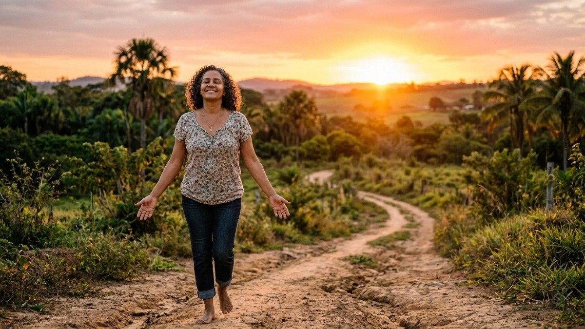 Mulher brasileira caminhando tranquilamente em estrada rural ao pôr do sol com braços abertos simbolizando paz e fé