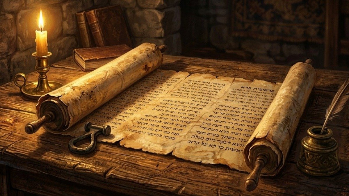 Pergaminho hebraico antigo com texto dos Salmos iluminado por luz de vela dourada