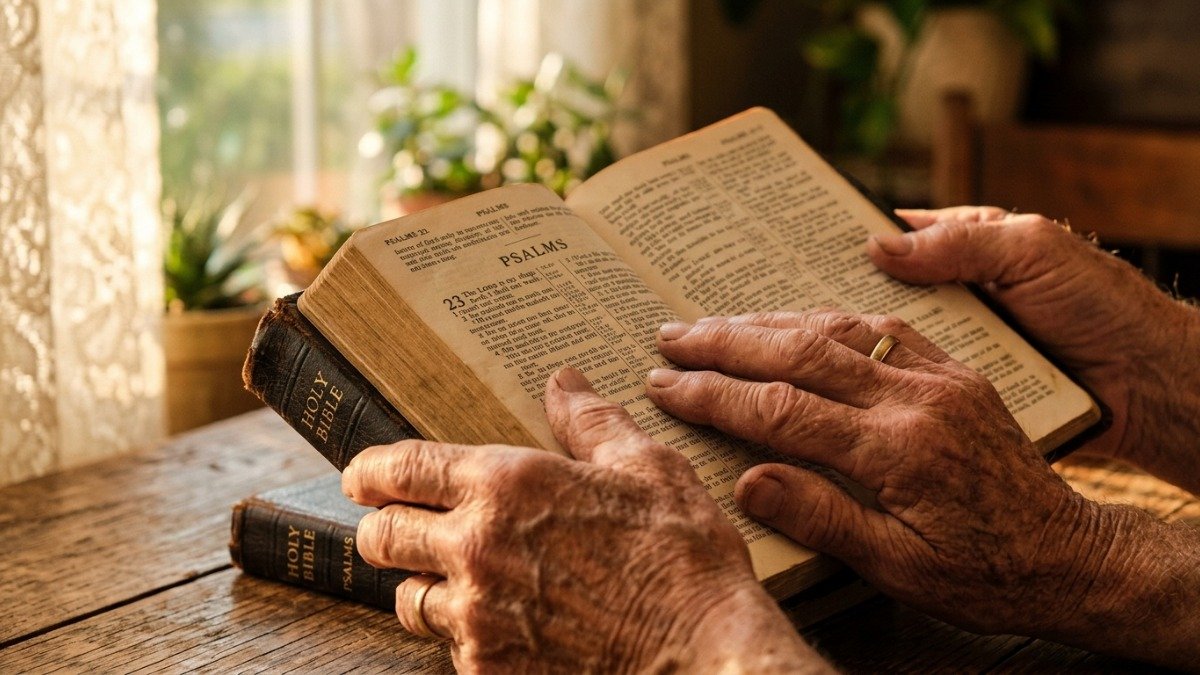 Mãos segurando a Bíblia aberta no livro de Salmos com luz da manhã