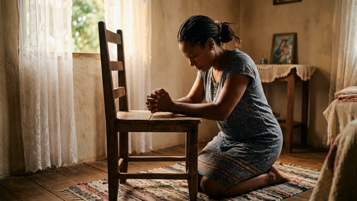 Mulher brasileira ajoelhada em oração silenciosa com luz suave da manhã