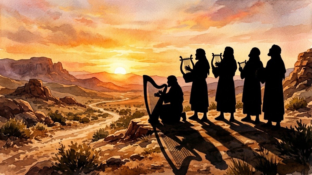 Músicos hebraicos antigos tocando harpas ao entardecer no deserto