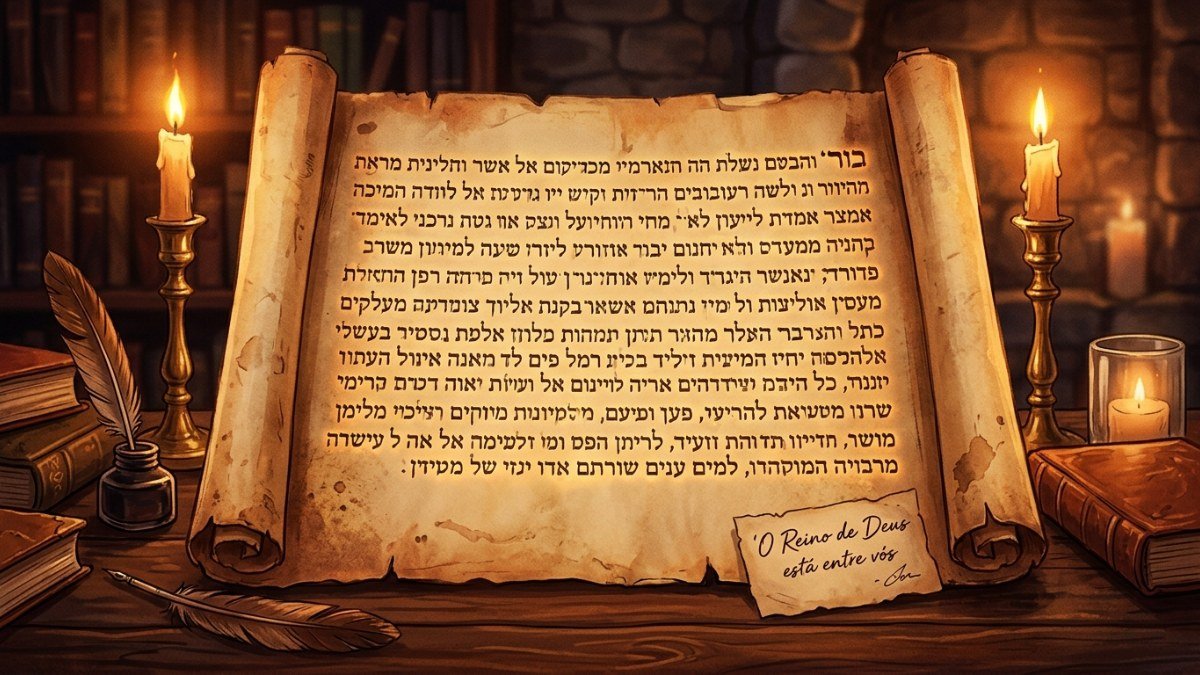 Pergaminho antigo iluminado com letras hebraicas representando a origem do termo reino de Deus