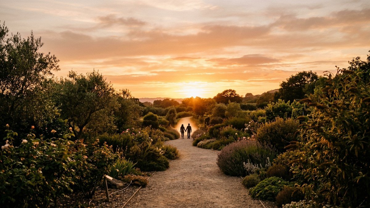 Pôr do sol sobre caminho de jardim simbolizando a jornada do casamento