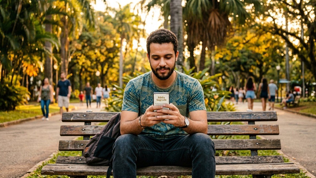 Homem lendo a Bíblia no celular sentado em banco de praça ao entardecer