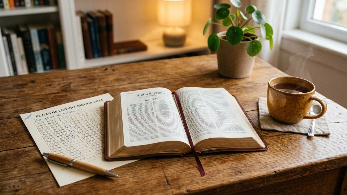Plano de leitura bíblica anotado ao lado de uma Bíblia aberta e xícara de chá