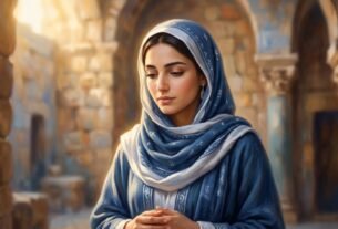 Retrato de Maria mãe de Jesus em pintura bíblica com luz dourada e expressão serena