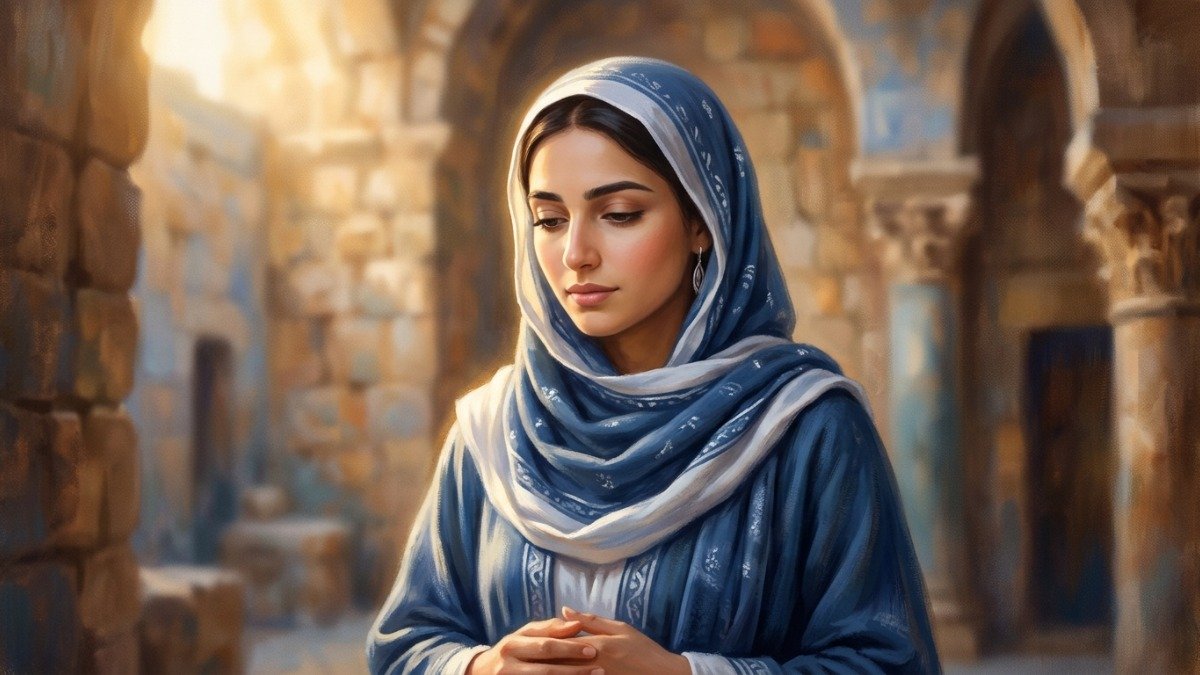Retrato de Maria mãe de Jesus em pintura bíblica com luz dourada e expressão serena
