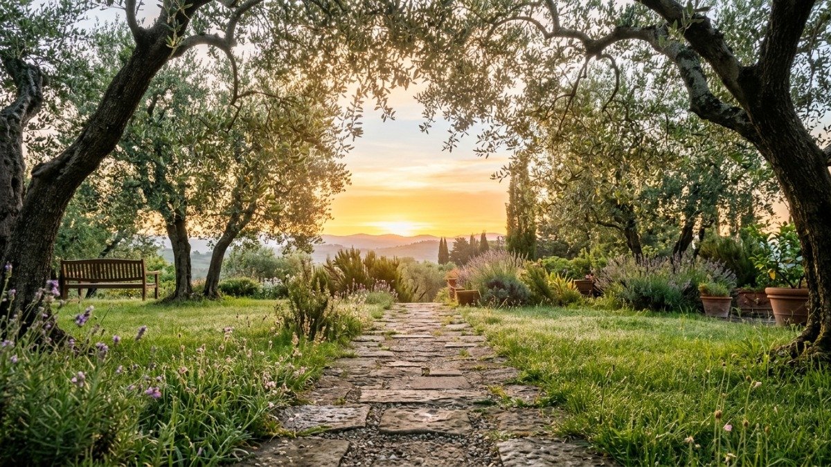 Jardim ao amanhecer com luz dourada entre oliveiras simbolizando esperança e renovação