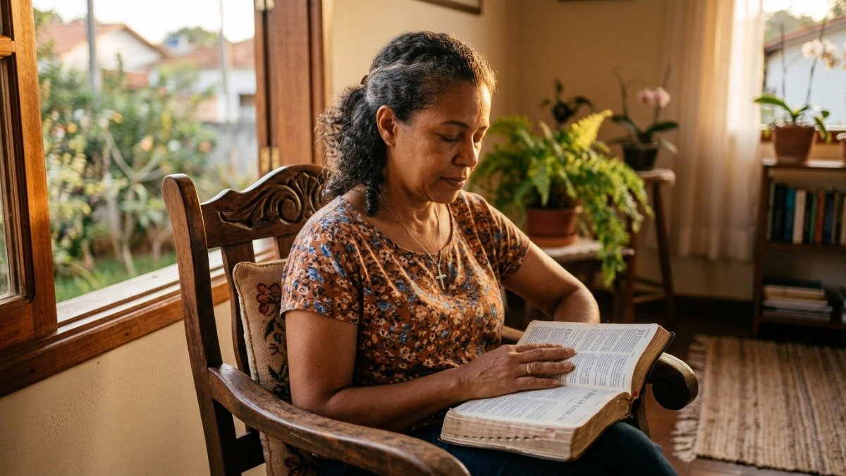 Mulher brasileira em oração contemplativa com Bíblia no colo e luz da tarde