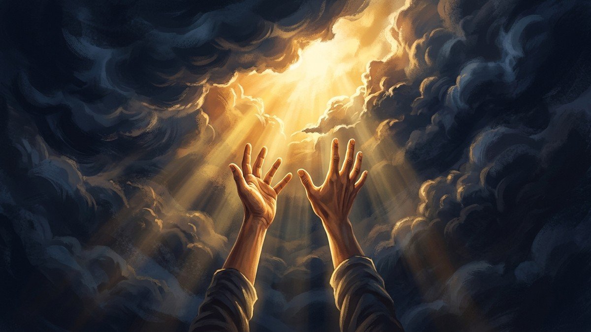 O que significa redenção: mãos erguidas em direção a uma luz dourada
