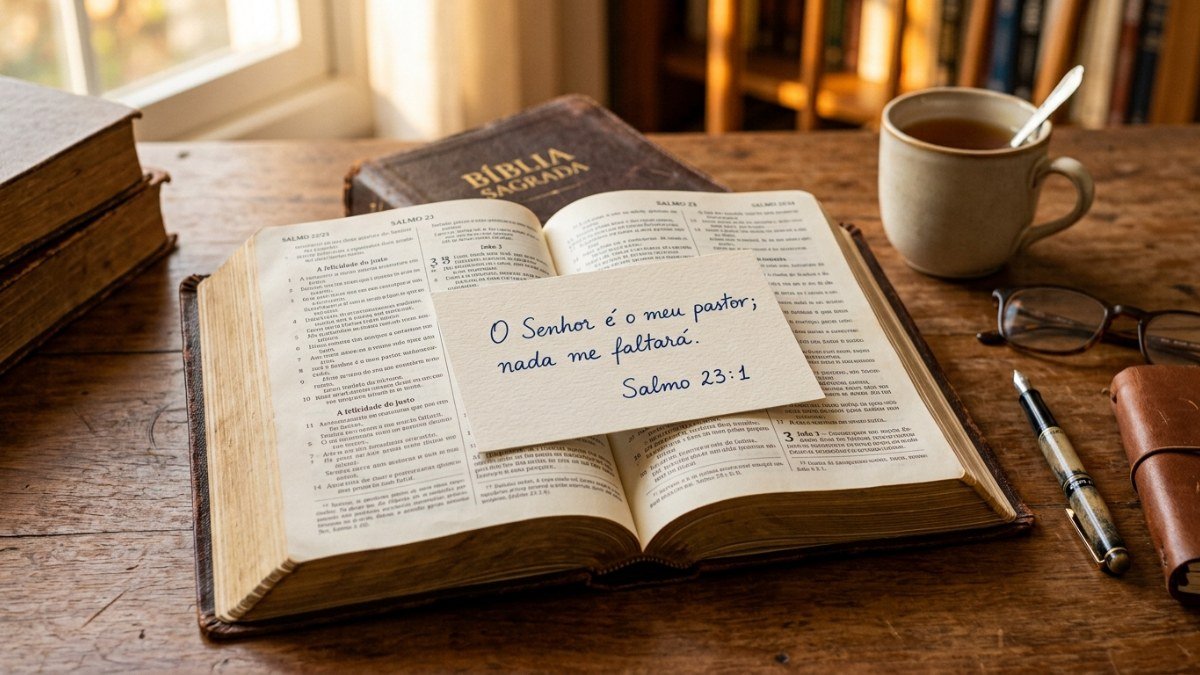 Versículo bíblico escrito em cartão de memorização sobre a mesa