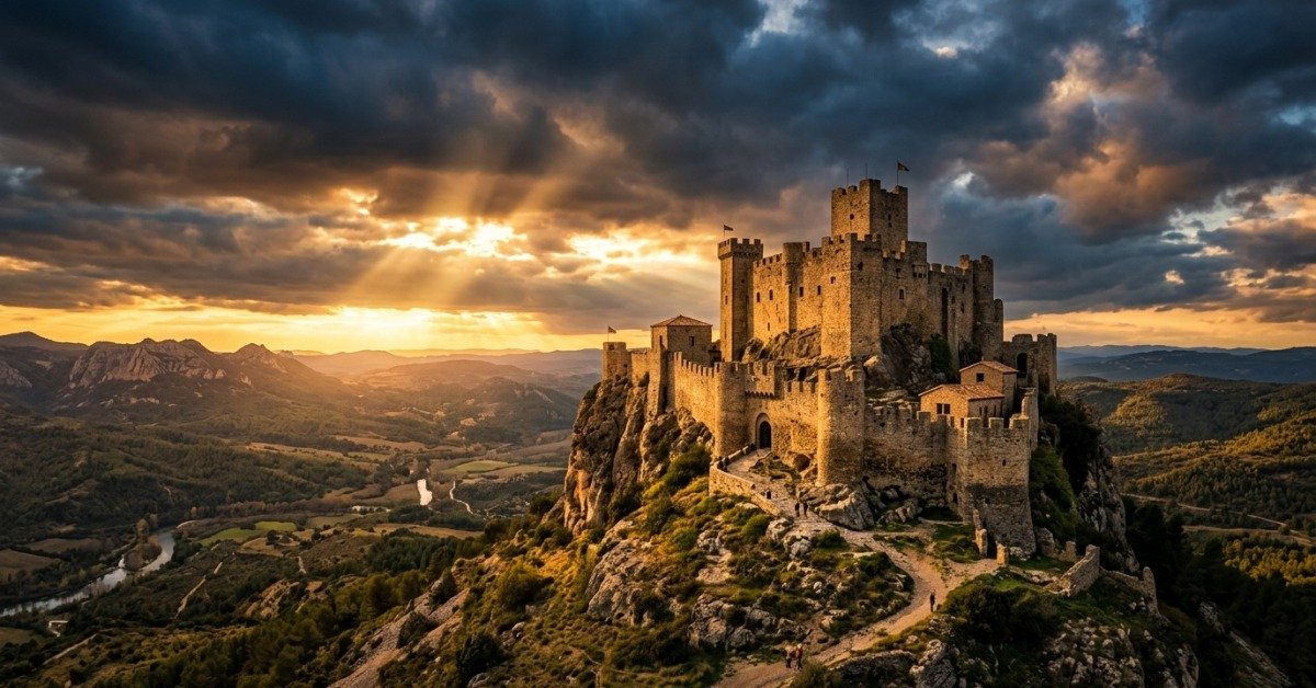 Fortaleza de pedra antiga no topo de colina ao pôr do sol com raios de luz dourada atravessando nuvens dramáticas evocando o poder de Deus