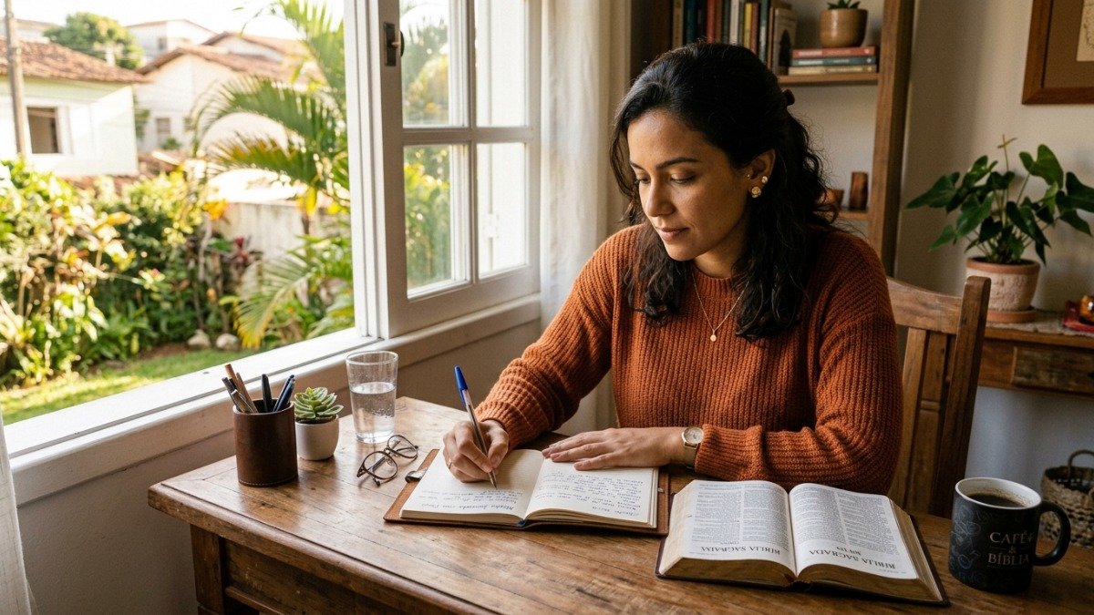 Mulher brasileira anotando versículos bíblicos sobre fortaleza em caderno com xícara de café na mesa de madeira junto à janela com luz da manhã