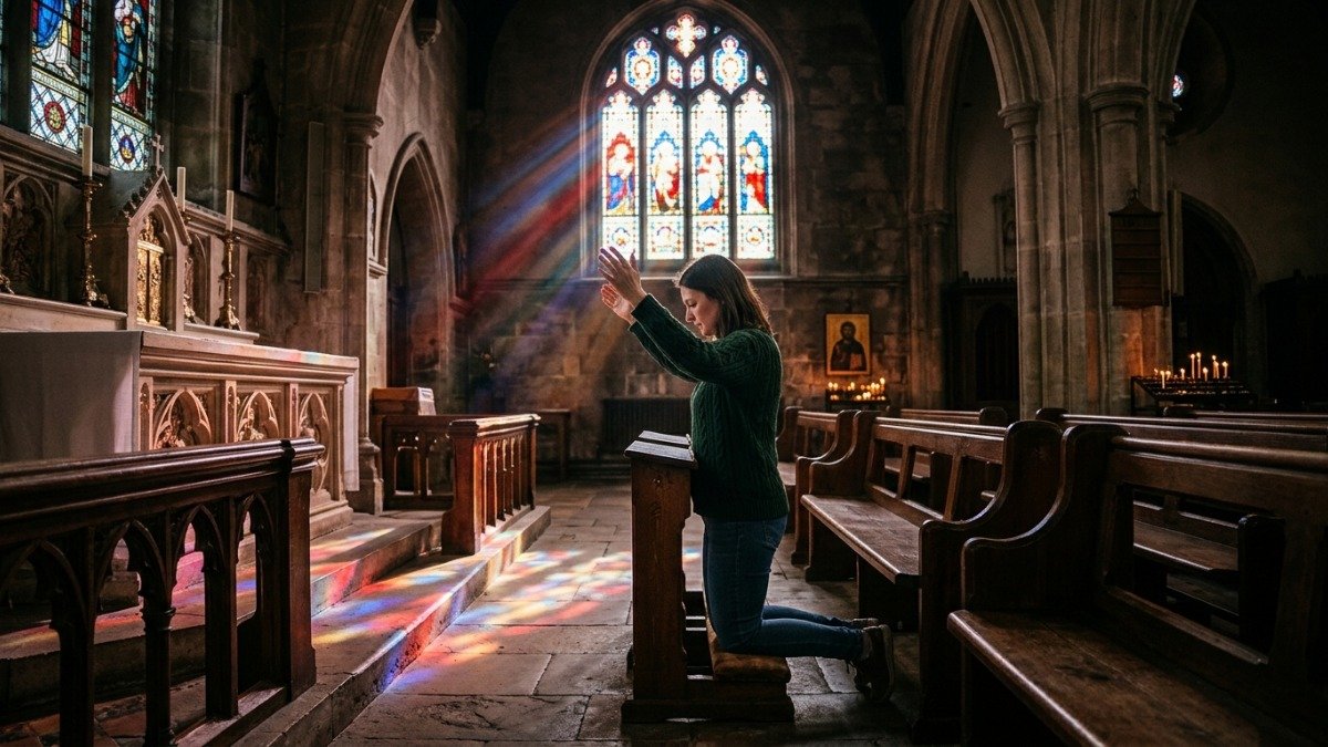 Pessoa ajoelhada em oração dentro de uma igreja com luz colorida de vitral iluminando o ambiente e braços erguidos em adoração e entrega a Deus