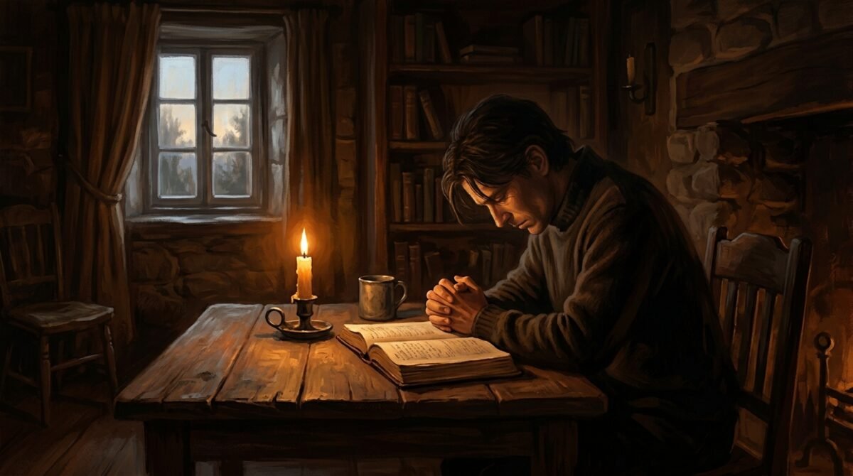 Pessoa lendo a Bíblia à mesa com atenção, mantendo a prática espiritual mesmo no silêncio de Deus
