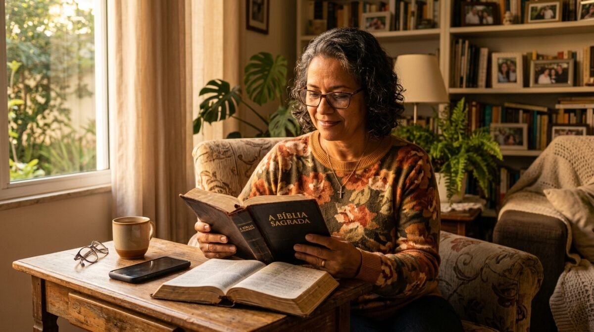 Mulher lendo a Bíblia com atenção em momento de devoção pessoal antes de postar nas redes sociais
