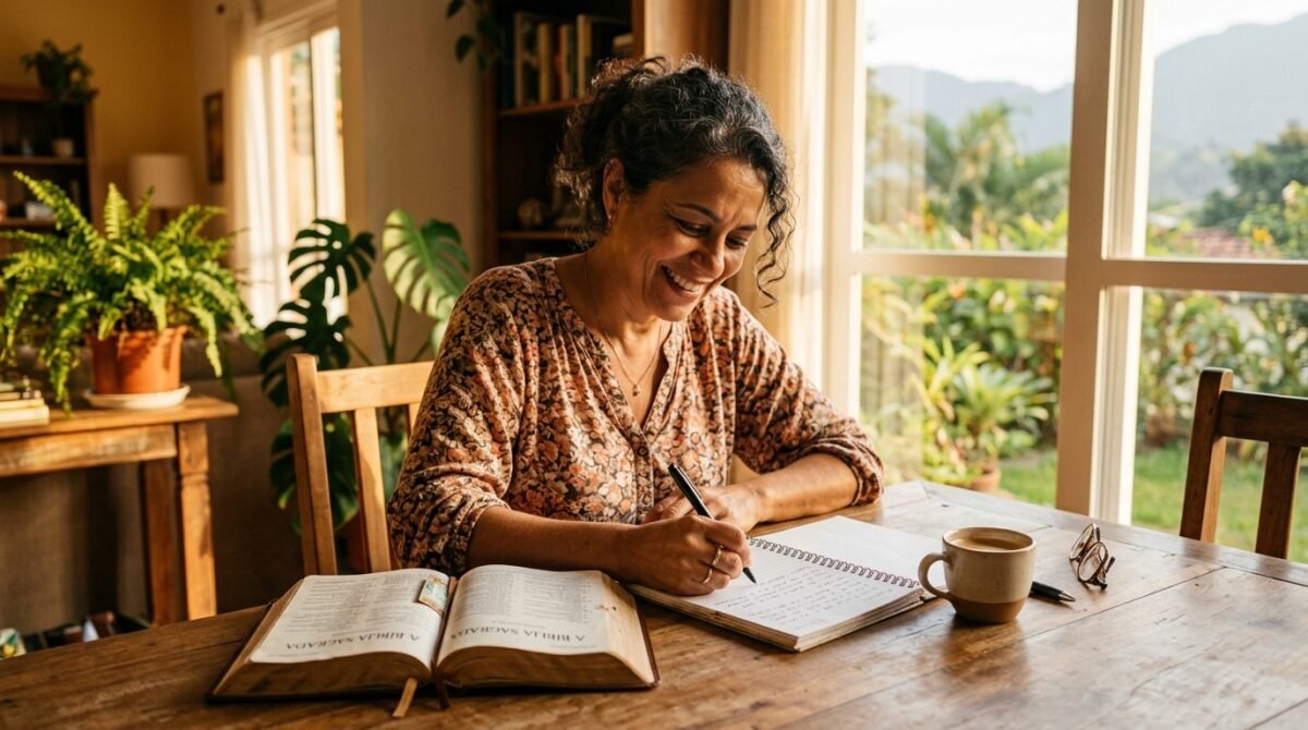 Mulher escrevendo notas em caderno ao lado de Bíblia aberta, simbolizando o uso consciente das redes sociais na fé cristã