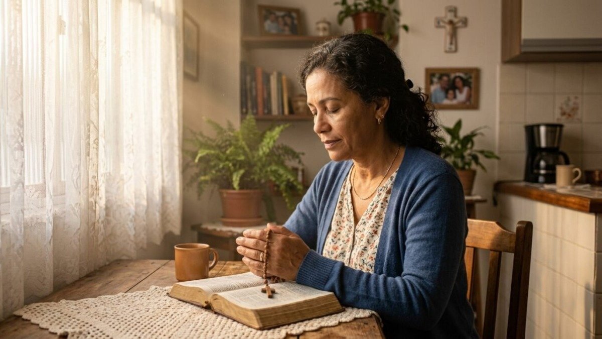Mulher orando com a cabeça levemente inclinada e as mãos unidas