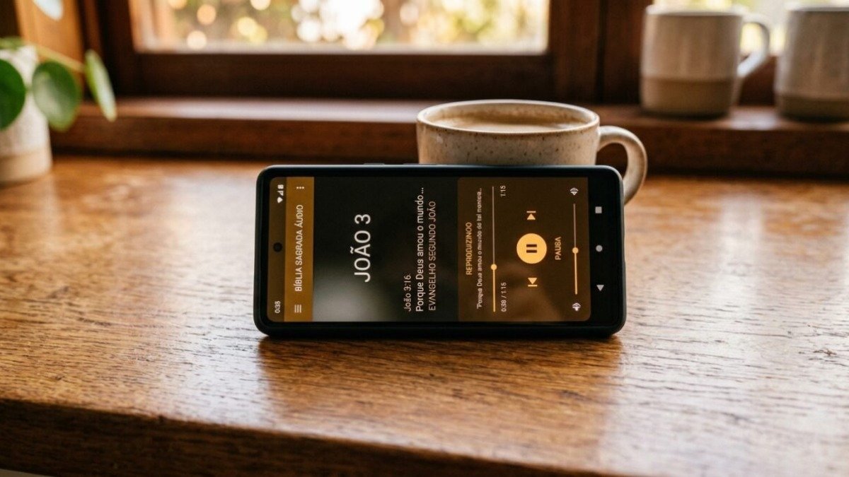 Celular mostrando um aplicativo de Bíblia em áudio sobre uma bancada de madeira