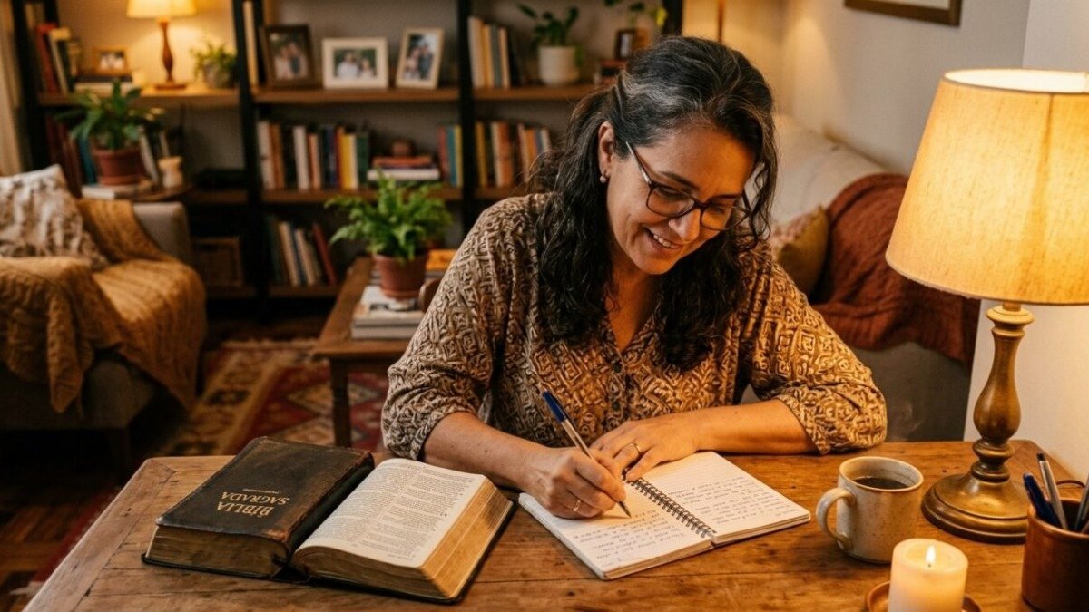 Mulher escrevendo em um caderno pequeno ao lado de uma Bíblia aberta