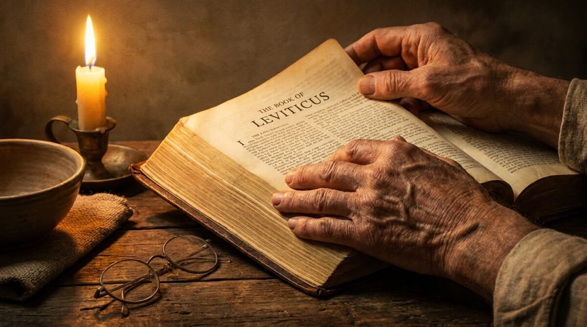 Mãos virando páginas da Bíblia, representando o estudo do livro de Levítico com atenção e cuidado