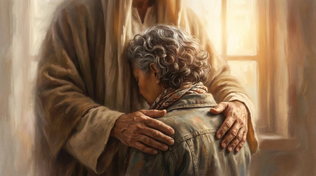 Abraço de compaixão entre duas pessoas, ilustrando o amor paternal de Deus no significado de Abba