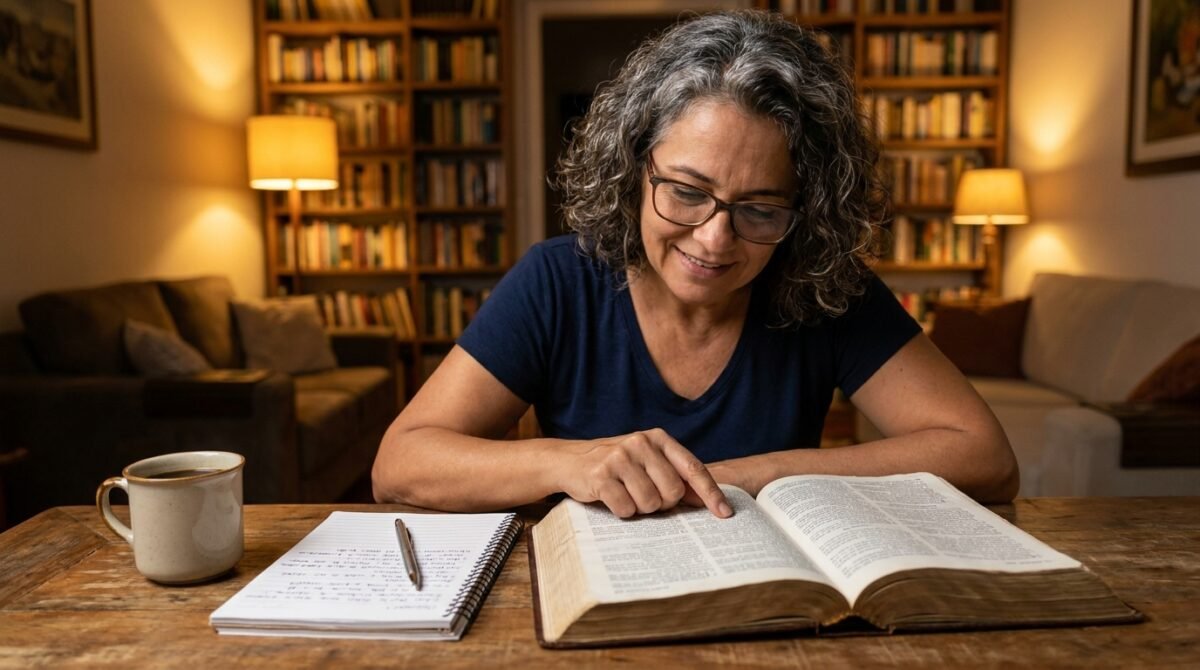 Mulher brasileira estudando a Bíblia na mesa, aprofundando a leitura do livro de Levítico