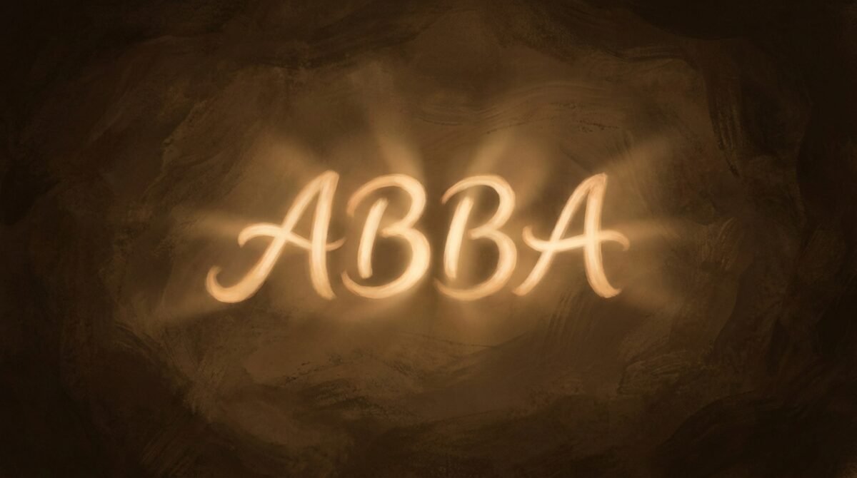 Palavra ABBA brilhando em luz dourada, representando o significado bíblico de pai íntimo em hebraico