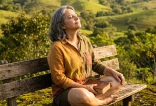 Mulher brasileira respirando com paz na natureza, vencendo a ansiedade pela fé e confiança em Deus