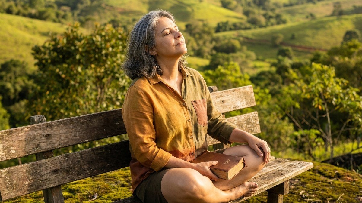 Mulher brasileira respirando com paz na natureza, vencendo a ansiedade pela fé e confiança em Deus