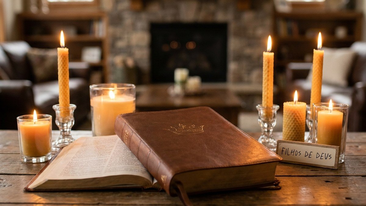 Bíblia aberta rodeada por velas suaves com luz dourada, representando os versículos sobre autoestima na Palavra de Deus