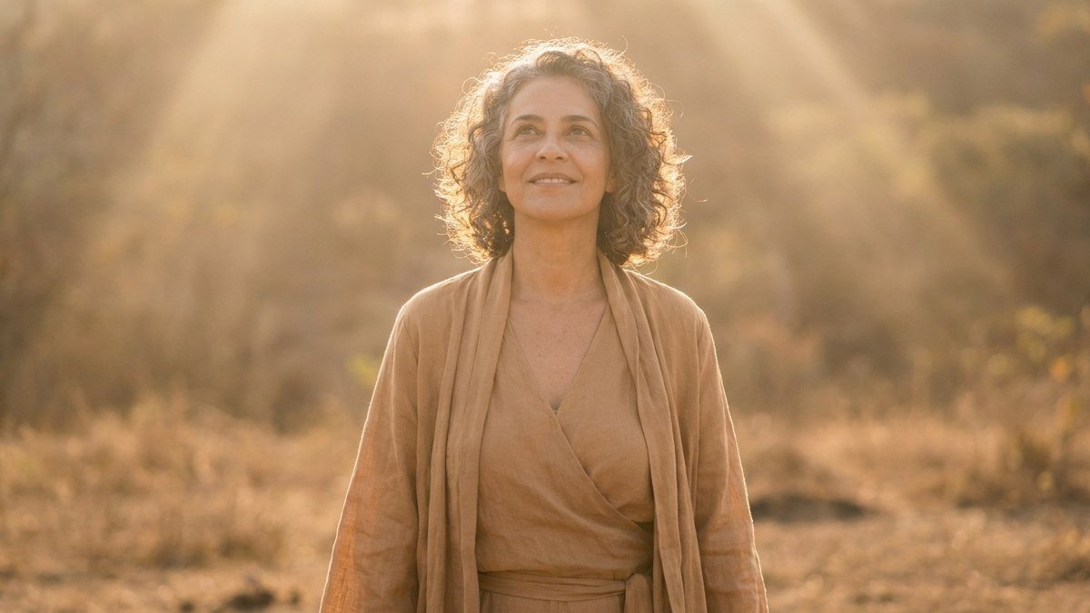 Mulher brasileira de pé com expressão de dignidade e paz, vivendo a autoestima bíblica como filha de Deus