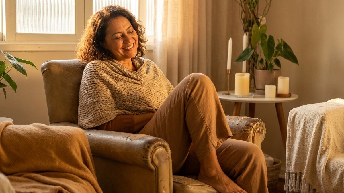 Mulher brasileira em momento de paz e meditação com luz dourada suave, buscando a cura interior pela fé em Deus