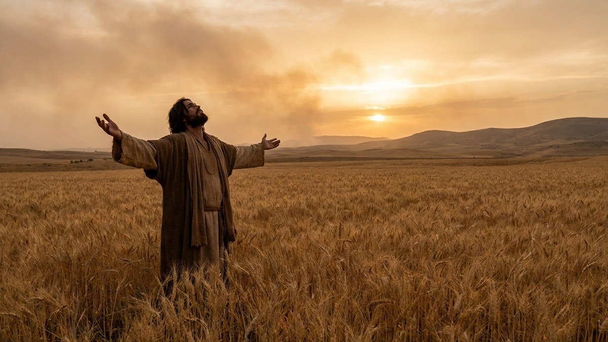 Homem de pé em campo de trigo dourado contemplando o céu, representando o chamado de Gideão por Deus na Bíblia