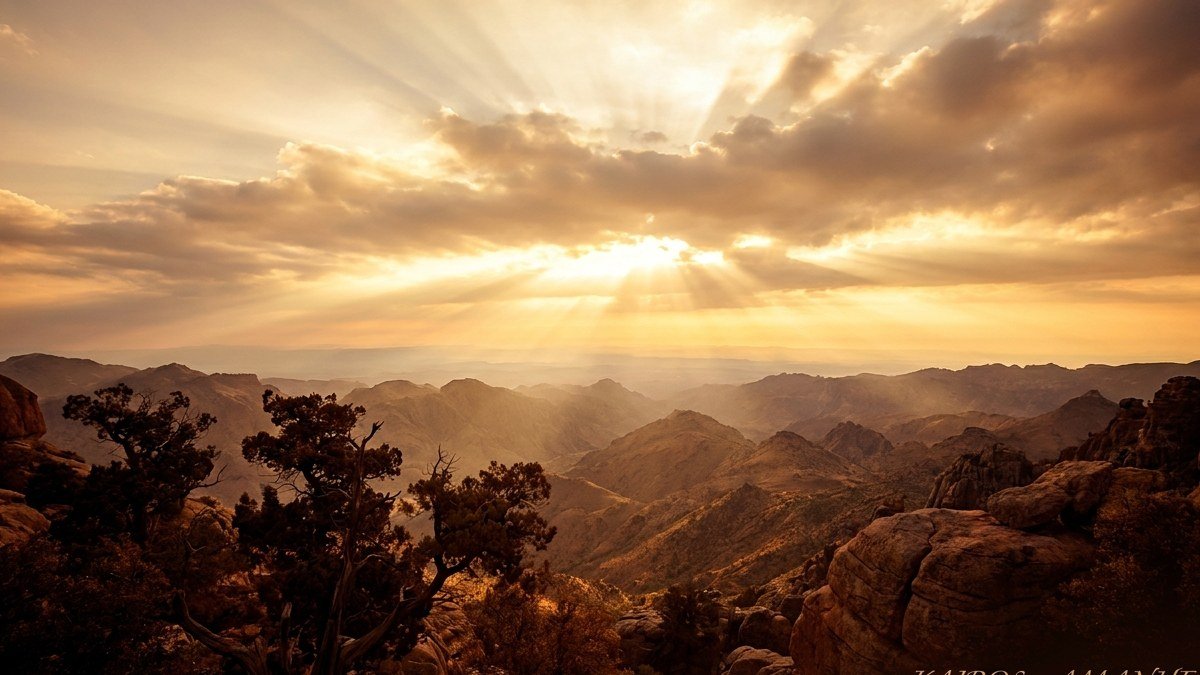 Amanhecer dramático sobre o horizonte com raios dourados, simbolizando o tempo de Deus no significado de Kairós