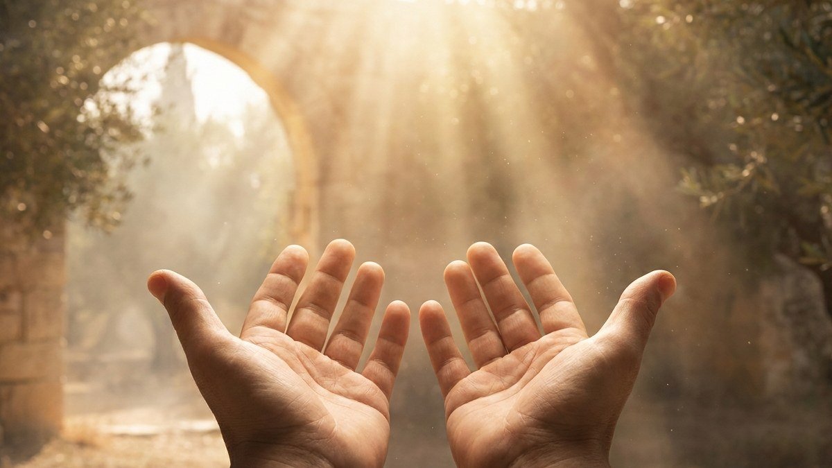 Mãos abertas recebendo luz dourada do alto, representando o momento certo de Deus que a palavra Kairós descreve