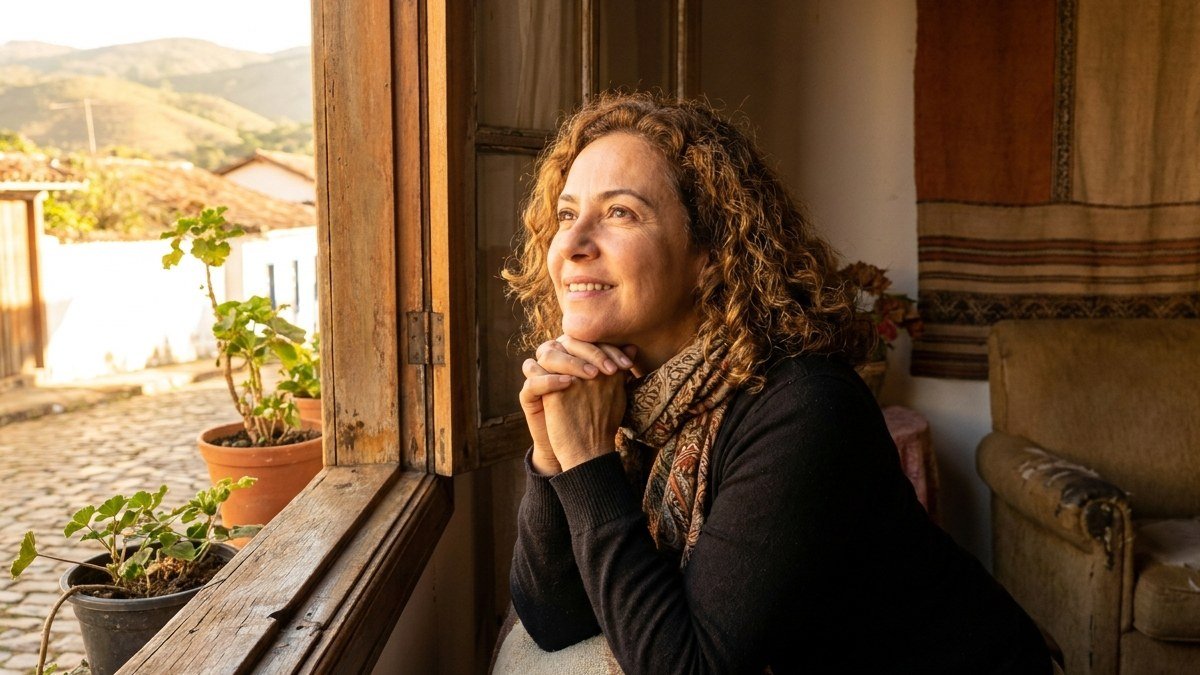 Mulher brasileira olhando pela janela com esperança, aguardando o tempo certo de Deus no significado de Kairós
