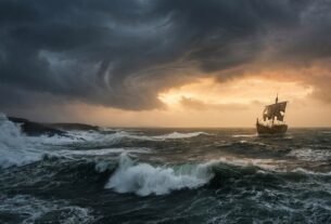 Mar tempestuoso com ondas enormes e céu dramático, representando a fuga de Jonas e o navio no livro de Jonas