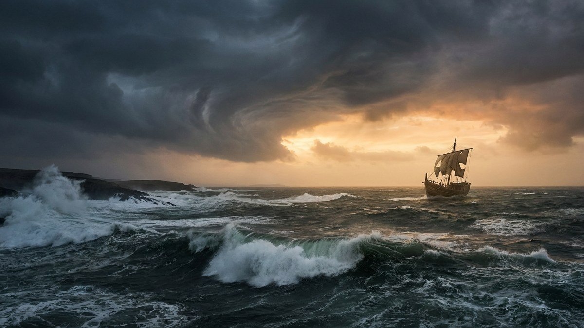 Mar tempestuoso com ondas enormes e céu dramático, representando a fuga de Jonas e o navio no livro de Jonas