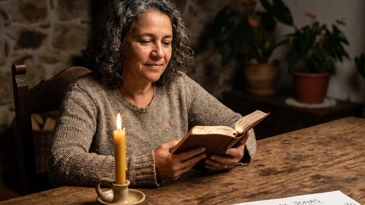 Mulher brasileira refletindo sobre a Bíblia à mesa, estudando as lições e ensinamentos do livro de Jonas