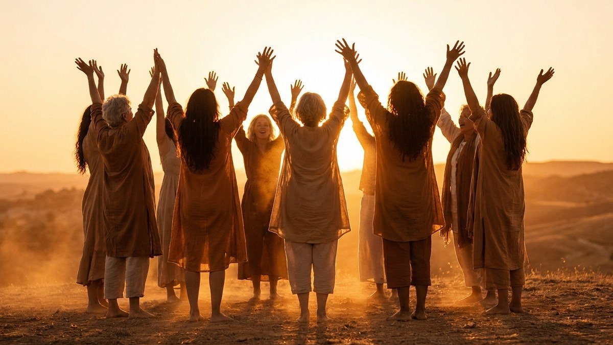 Grupo de mulheres com mãos levantadas em celebração, representando Miriã e as mulheres do Êxodo cantando a vitória de Deus