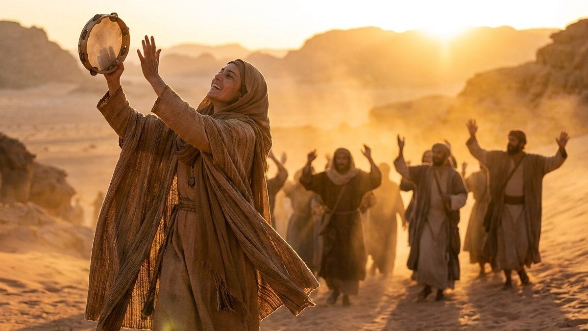Mulher dançando com alegria no deserto com mãos levantadas, representando a profetisa Miriã louvando a Deus
